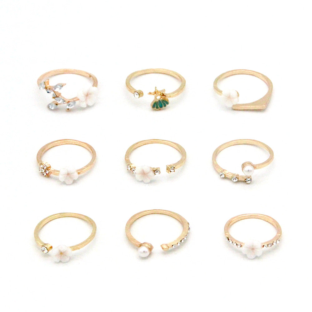 Bohemian  Flower Pearl And Diamond 9-piece Ring Joint Ring