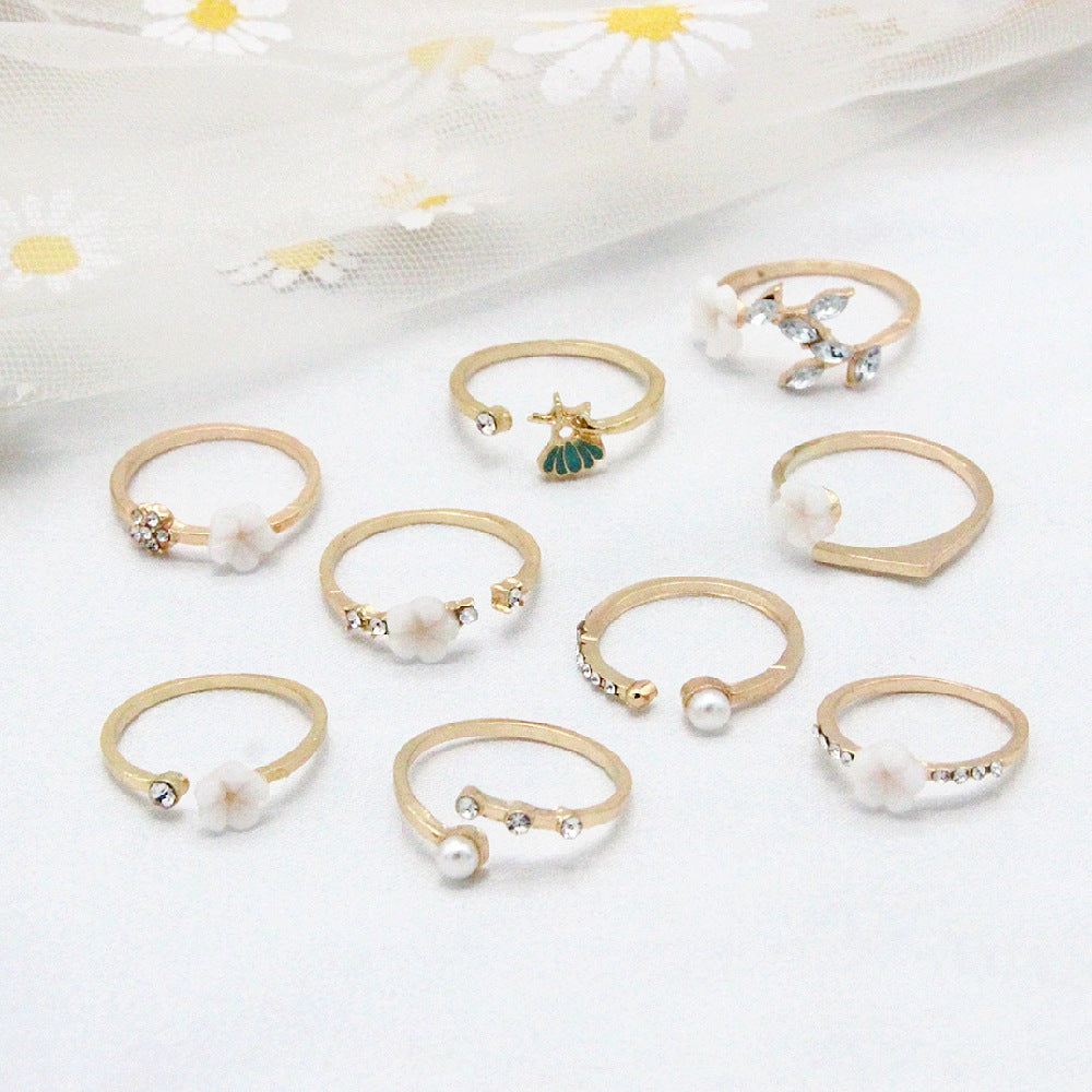 Bohemian  Flower Pearl And Diamond 9-piece Ring Joint Ring