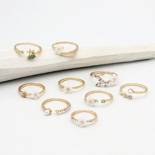 Bohemian  Flower Pearl And Diamond 9-piece Ring Joint Ring