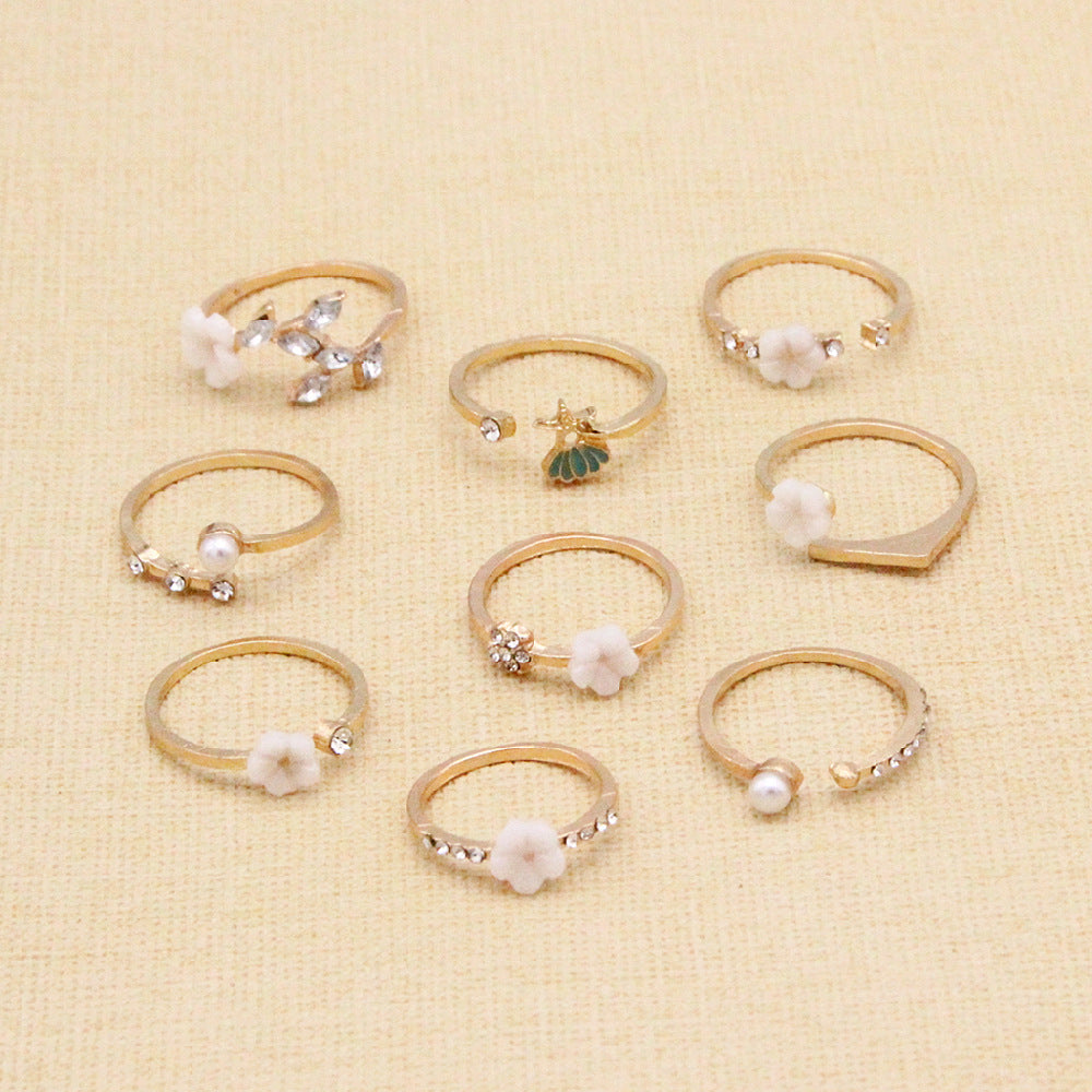 Bohemian  Flower Pearl And Diamond 9-piece Ring Joint Ring